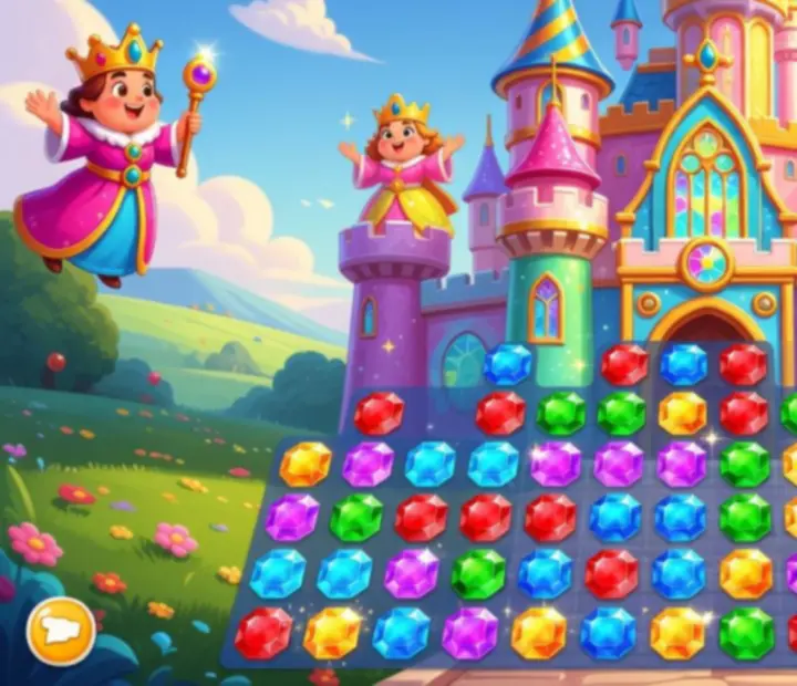 Kolorowa plansza Royal Match z zamkiem i elementami match-3