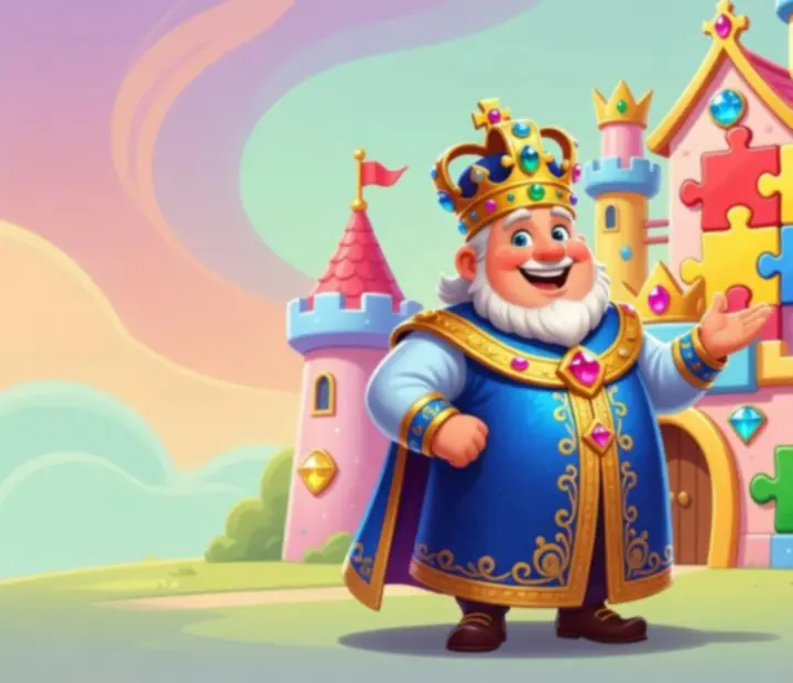 Kolorowa grafika inspirowana Royal Match z królem, zamkiem i planszą logiczną