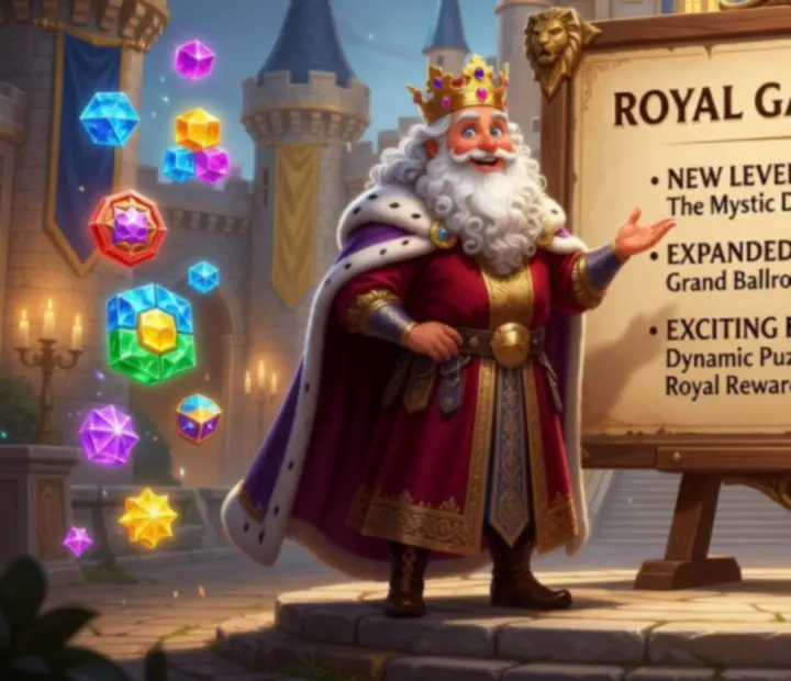 Ekran z nową aktualizacją Royal Match i ikonami nowych funkcji
