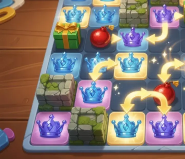 Analiza trudnej planszy Royal Match z zaznaczonymi możliwymi ruchami